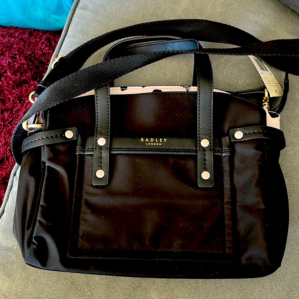 Radley London new w tags black purse silver hardware, cute Scotty leopard print